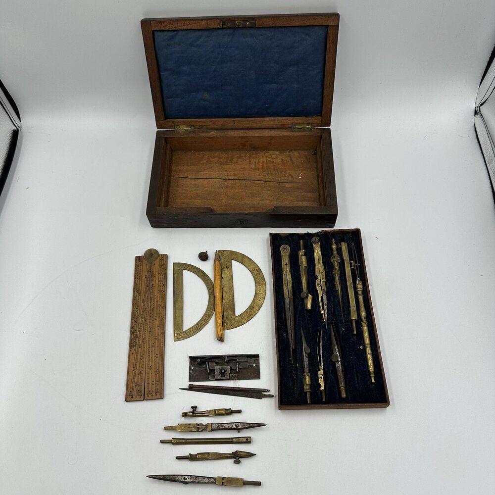 Antique Brass Drafting Instrument Set Wood Case Geometry Compass Engineer Tools